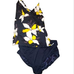 Lands End Yellow/ black floral tankini size 12